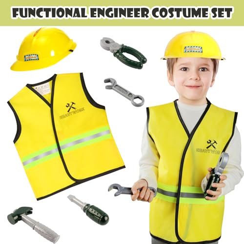 Cocojeci Boys Dress up Trunk Costumes Set,15pcs Pretend Role Play Set Fireman, Police, Construction Worker Costume with Ac...