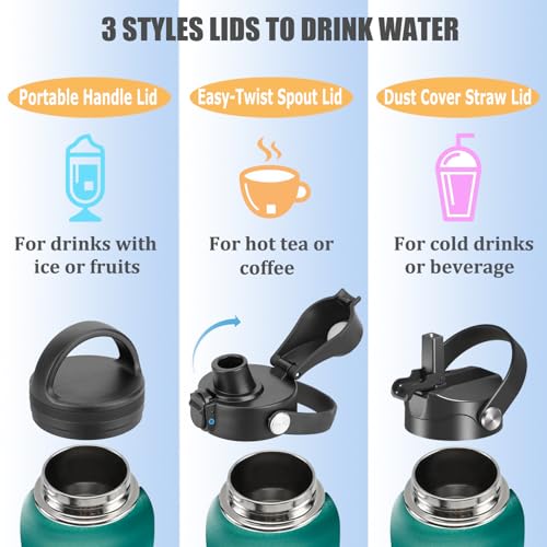 Water Bottle Insulated 32oz 40oz 64oz 128oz Straw Lid Spout Lid & 3 Lids, Leak Proof, Vacuum Insulated,Stainless Steel Wat...