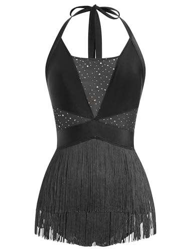 ODASDO Woman Latin Dance Costume Mesh Sequin Bodysuit Sparkly Jumpsuit Halter Neck Tassel Fringe Romper Mini Dress XS-XL