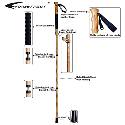 FOREST PILOT Trekking Poles- 1-pc Pack - Adjustable Hiking or Walking Stick –Strong, Natural Beech Wood - Quick Adjust Fli...