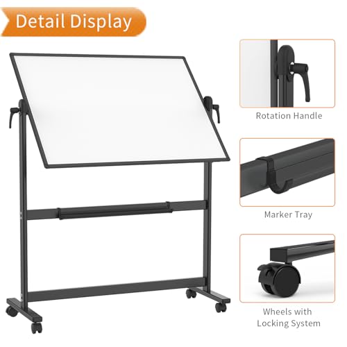 VIZ-PRO Double-Sided Magnetic Mobile Whiteboard, 48 x 36 Inches, Black Aluminium Frame and Stand