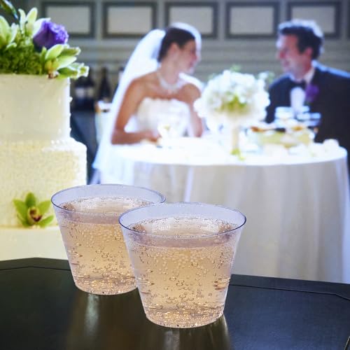 100 Blue Glitter Plastic Cups and 1 Silver Ice Tong Set - 9 Ounce Disposable Cocktail Glasses - Plastic Wine Cups - Blue P...