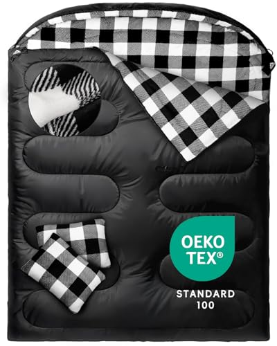 MEREZA Flannel Double Sleeping Bag for Adults Cold Weather, XL Queen Size Sleeping Bag for All Season 2 Person Big and Tal...