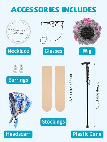 SOMSOC 7 Pieces Women Old Lady Costume with Dress Wig Headscarf Glasses Stockings Cane for Halloween, 100 Days of School