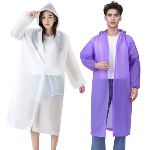 WOHSEROM 2 Pack Adult Rain Ponchos, Heavy Duty Reusable EVA Waterproof Raincoat with Drawstring Hood for Women Men
