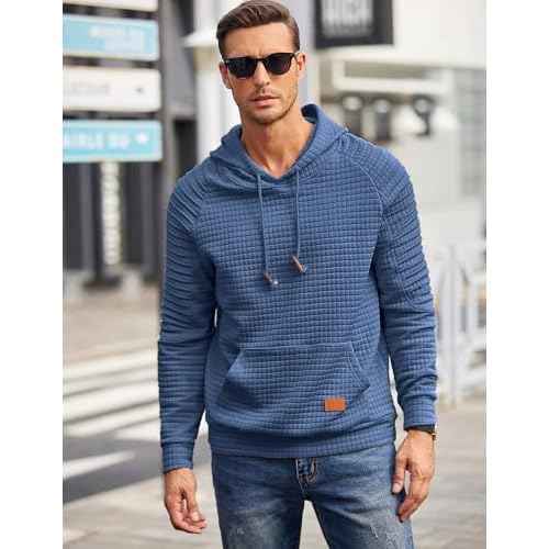 COOFANDY Mens Hoodies Pullover Casaul Long Sleeve Drawstring Waffle Knit Hooded Sweatshirt with Kanga Pocket