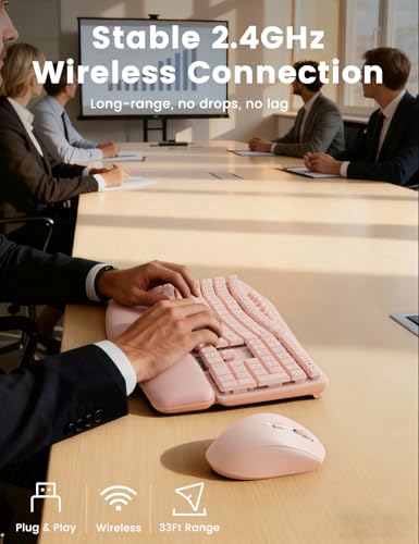 Pink Quiet Wireless Keyboard and Mouse Combo, 2.4G Ergonomic Wave Key Board with Cushioned Plam Rest, Full-Size Soft Typin...