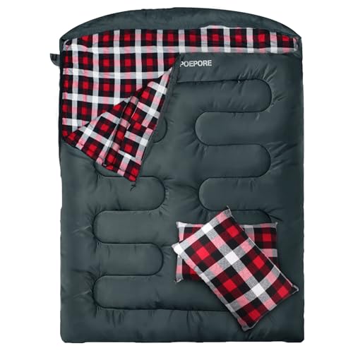 POEPORE Double Sleeping Bag Flannel for Adults with 2 Pillows 2 Person Sleeping Bags Camping XXL Queen Size Two Person Sle...