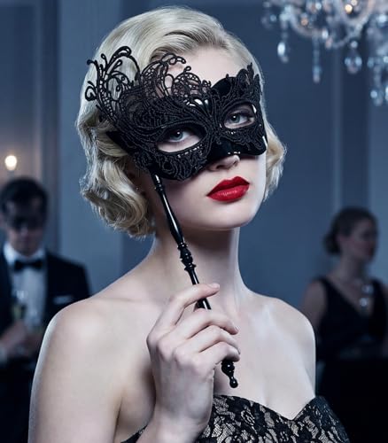 Maeaccx Black Masquerade Mask with Stick Lace Handheld Masks Mardi Gras Cosplay Fashion Shows for Women