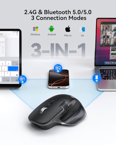 TECKNET Wireless Mouse, Bluetooth Mouse (BT5.0/5.0 & 2.4G) Rechargeable 4800 DPI Ergonomic Optical Mouse with 6 Adjustabl...
