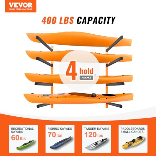VEVOR Wall Kayak Storage Rack, 4-Capacity Wall Mounted Kayak Holders for Kayak Canoe Paddle Board, Kayak Storage Hooks with Adjustable Padded Arms, 400 LBS Load Kayak Hanger for Indoor Outdoor Garage