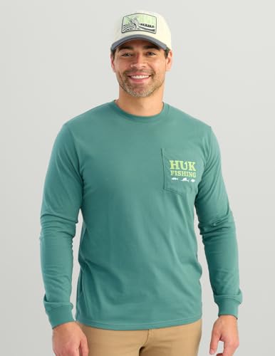HUK Mens Pocket Tee, Comfortable Performance Fishing Long Sleeve T-Shirt with Chest Pocket