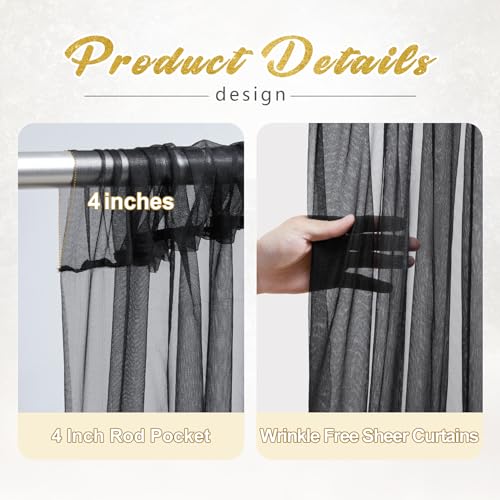 10x10ft Black Tulle Backdrop Curtain with Lights String for Parites, Sheer Photo Backdrop Curtains with Lights for Wedding...