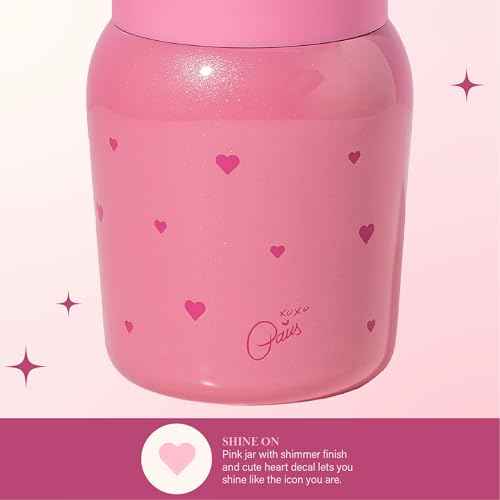Paris Hilton Stainless Steel Food Jar, Double Wall Vacuum Sealed Insulated Food Storage Container with Carry Handle Lid, 24-Ounce, Pink with Heart Design