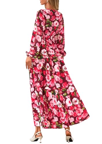 PRETTYGARDEN Long Sleeve Maxi Fall Dresses for Women 2026 Vneck Smocked Boho Floral Tiered Swing Flowy Wedding Guest Dress