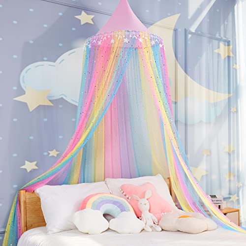 MOOZHEALTH Rainbow Bed Canopy for Girls,Shiny Kids Princess Round Dome Bed Curtain with Star Moon Glitter,Kids Crib Canopy...
