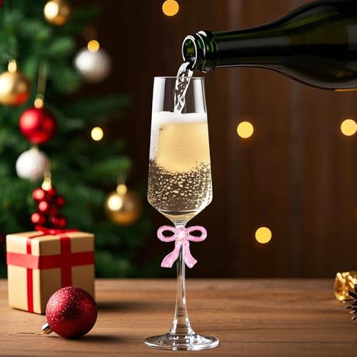LAUDEE Champagne Glasses Set of 2, 8oz Elegant Crystal Stemmed Champagne Flutes with Pink Bow for Prosecco, Sparkling Win...
