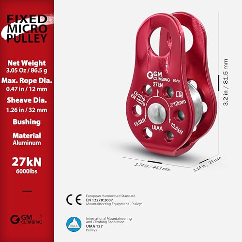 GM CLIMBING Fixed Micro Pulley 27kN CE UIAA Certified Slack Tender for Hitch Tending