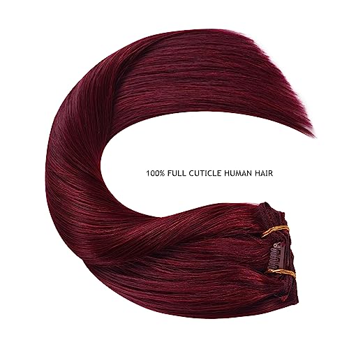 YILITE Hair Extensions Clip in Human Hair 8Pcs 120Gram/Pack Burgundy Silky Remy Human Hair Double Weft Straight Real Hair Extensions Clip ins Thick (18inches #99J Burgundy£©