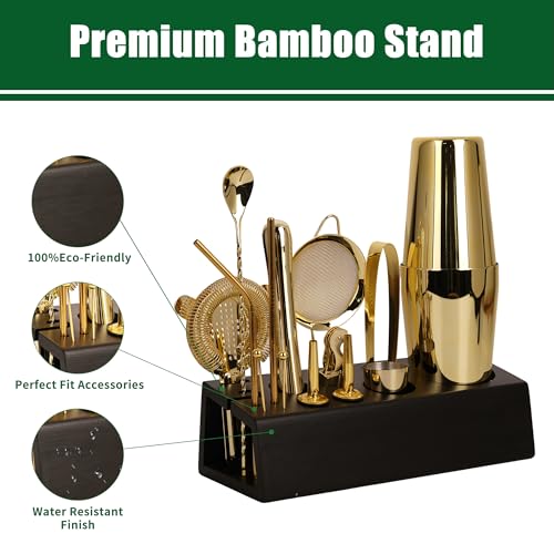 JWJIUEJIU Cocktail Shaker Set Bartender Kit with Bamboo Stand, 15-Piece Stainless Steel Bar Set Accessories, Professional ...