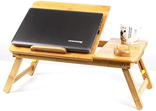Easy Desk Bamboo Laptop Desk Laptop Table with USB Cooling Fan Adjustable Portable Breakfast Serving Bed Tray Foldable and Drawer, 22” Tilting Tray Top Surface