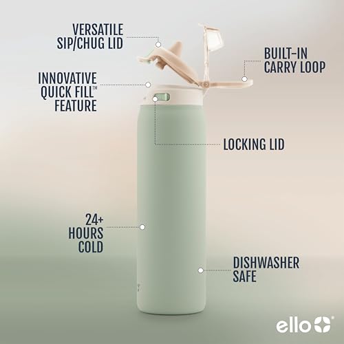 Ello Pop & Fill Stainless Steel Water Bottle with Quick Fill Technology, Double Walled Vacuum Insulated Metal, Leak Proof ...