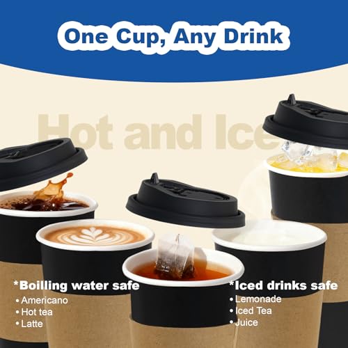 16 oz Coffee Cups + 16 Extra Cups Bulk Disposable To-Go Paper Cups with Lids and Sleeves for Hot Beverage, Chocolate, Coco...
