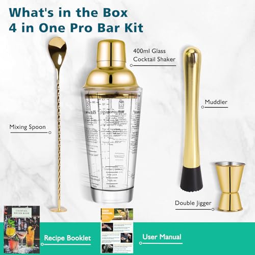 SAVORLIVING 14oz Glass Cocktail Shaker Set, 4PCS Bartender Kit, Martini Mixer Shaker with Built-in Strainer, Mixing Spoon,...