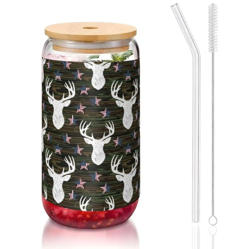 PPIKTC 16oz Borosilicate Tumbler with Lid & Glass Straw, Cool Deer Camo Camouflage American Flag Hunting Black, Hot/Cold D...