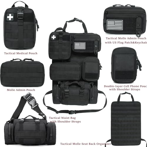 6 Pack Tactical Molle Car Seat Back Organizer - Tactical Vehicle Panel Organizer with 5 Detachable Molle Pouch,US Flag Pat...