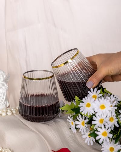 Goodluck 36 Pack 12oz Stemless Plastic Wine Glasses – Clear Ribbed Cups with Gold Rim, Fancy Reusable Disposable Drinkware...