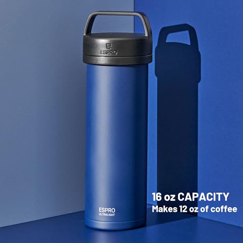 ESPRO P0 Ultralight French Press Coffee Maker for Travel, Vacuum Insulated Stainless Steel, 16 Ounces, Aegean Blue
