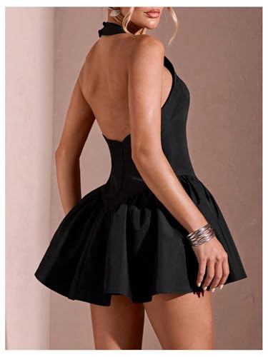 SOLY HUX Women's Mini Dress Halter Sleeveless Backless A Line Ruffle Hem Summer Dresses