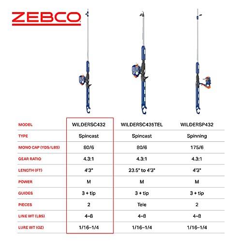 Zebco Wilder Fishing Reel and Rod Combo, 4'3" Durable Fiberglass Rod with Built-In Carabiner, Patented No-Tangle Reel, Pr...