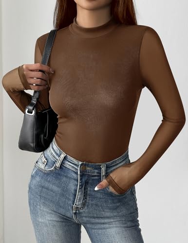 Zeagoo Womens Floral Mesh Long Sleeve Tops See Through Going Out Blouses Mock Neck Sheer Party Outfits Shirts S-XXL