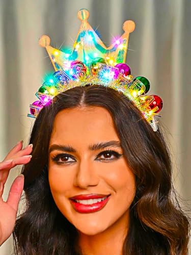 Zoestar Light Up Happy Birthday Crown Headband Glow Ball Hair Bands Sparkly Birthday Party Hair Accessories Women