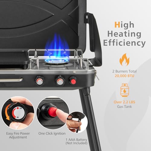 Giantex Portable Propane Grill & Camping Stove, 20,000 BTU Gas Camping Grill Burner, Independent Temperature Control, 3-Si...