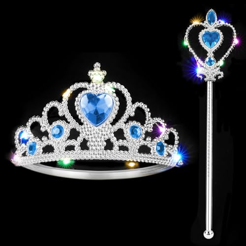 Vicloon 2PCS Light Up Princess Crown and Wands, Princess Dress Up Accessories for Little Girls Christmas Birthday Cosplay
