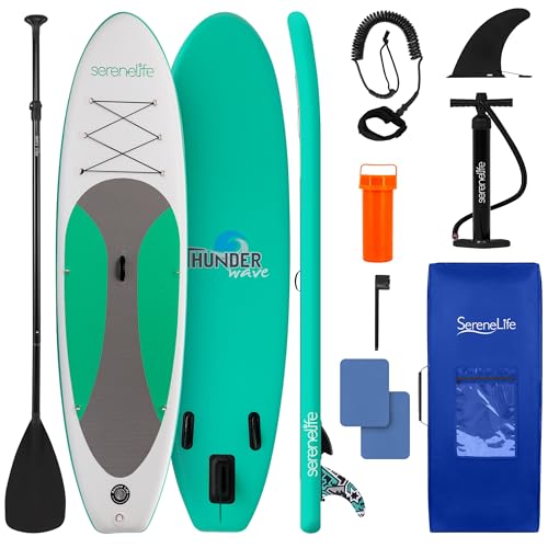 SereneLife Stand Up Inflatable Paddle Board with Premium SUP Accessories – Wide Stable Design with Non-Slip EVA Deck Pad f...