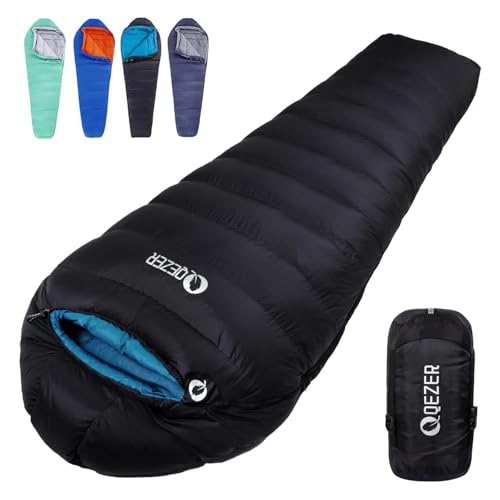 QEZER Down Sleeping Bag for Adults 0°F 10°F 15°F 20°F Backpacking Sleeping Bag for Cold Weather with Compression Sack