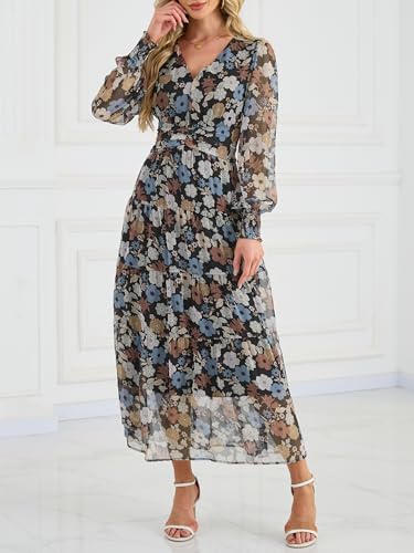ANRABESS Womens Floral Long Sleeve Maxi Dress V Neck Chiffon Flowy Boho A-Line 2026 Spring Wedding Guest Party Wrap Dresses