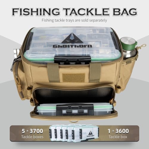 Ghosthorn Fishing Tackle Bag with Rod Holder Saltwater & Freshwater Resistant Large Tackle Box Bag - Adjustable Padded Sho...