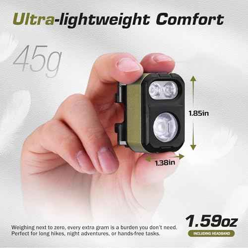 EverBrite 400 Lumens Rechargeable Headlamp, Only 1.59 OZ Ultra-Light with Hat Clip, IP67 Waterproof, White/Red/Green Light, 7 Modes for Camping, Running and Backpacking-Green
