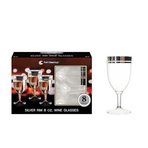 Party Essentials Disposable All-Purpose One-Piece 8 oz Plastic Wine Glasses Cups with Stem, 8-Count, Clear with Silver Rim