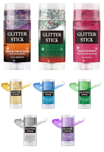 Gold Body Glitter Stick, Holographic Sequins Sparkling Neon Accessories Makeup Outfit Party Hair and Body Glitter Gel Makeup.