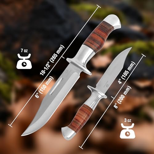Mossy Oak Fixed Blade Bowie Knife, 2-piece Hunting Knife with Leather Handle Featuring Laser Pattern, Sheath Included