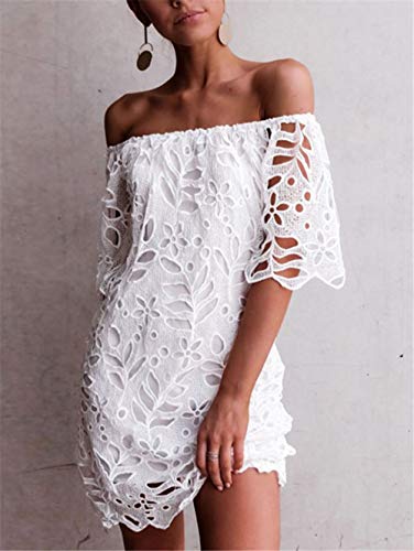 PRETTYGARDEN Women's Summer Off Shoulder Dresses Floral Lace Flare Short Sleeve Spring Vintage Elegant Mini Dress