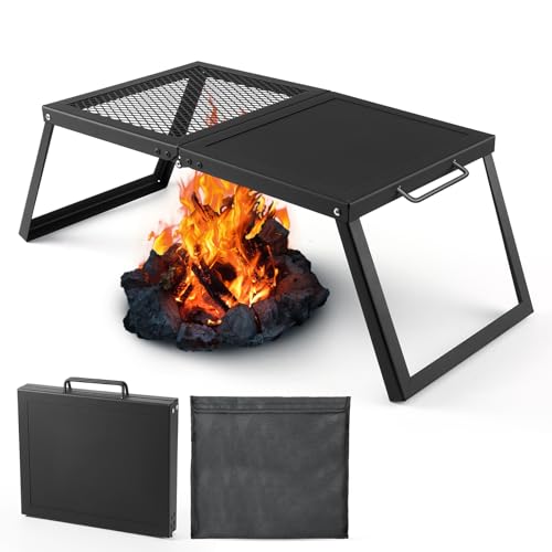 Odoland Folding Campfire Grill, Heavy Duty Steel Mesh Grate with Folding Legs and Storage Bag, Portable Camping Grates, Ov...