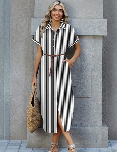 Zeagoo Womens Summer Casual Short Sleeve Button Down Long Shirt Dresses Loose Swimsuit Beach Cover Ups with Pockets