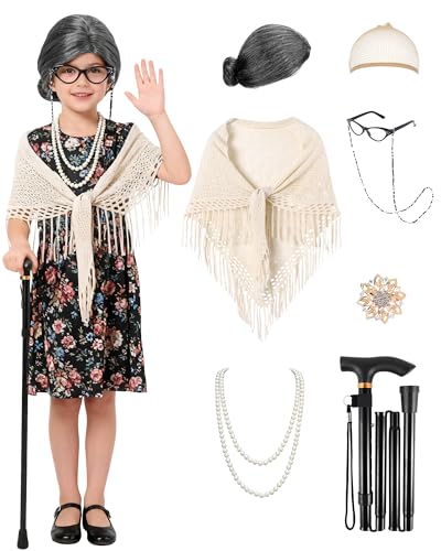 WooHand 100 Days of School Costume for Girls Old Lady Costume for Kids 100th Day of School Dress Up Grandma Outfit for Kids